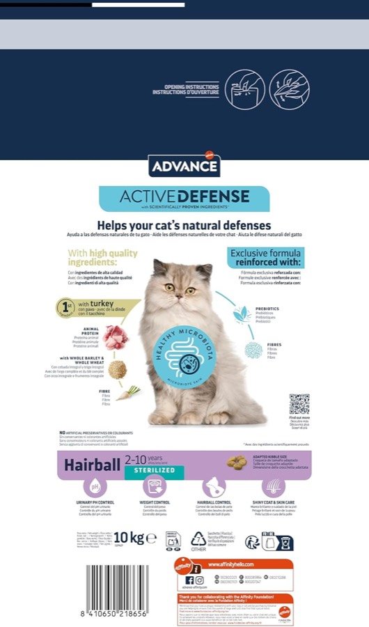Ver imagen 2 de 6: Parte trasera del saco de Advance Hairball Sterilized con la etiqueta completa y el código de barras