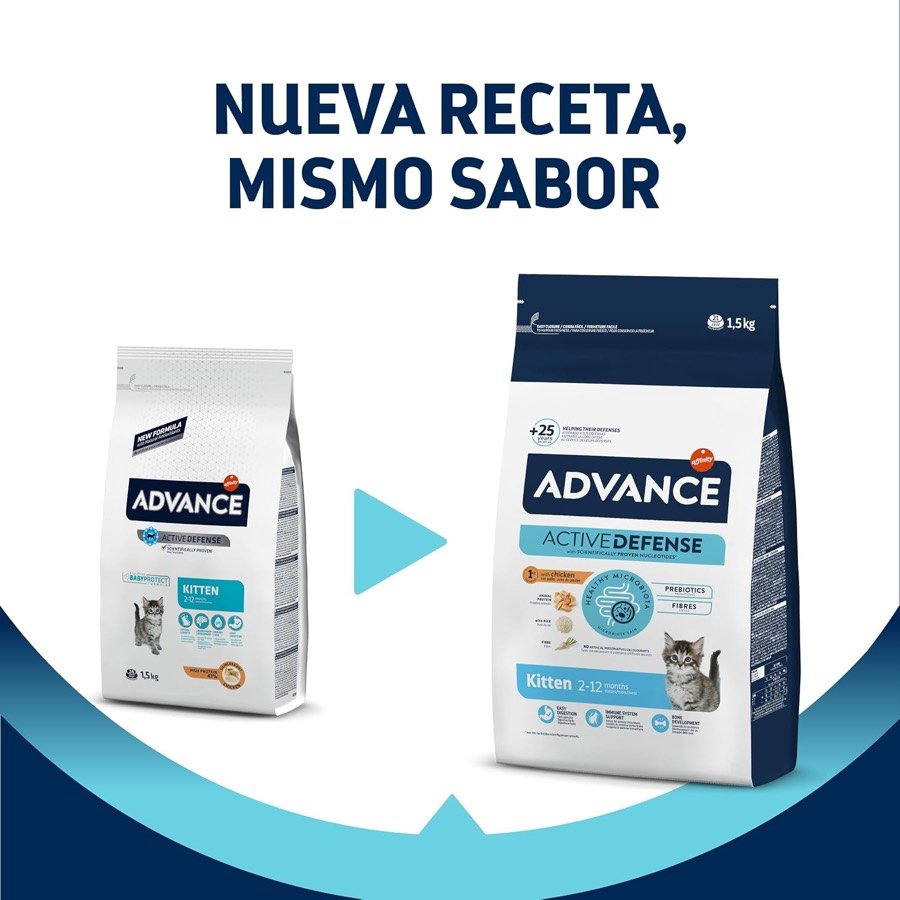 Ver imagen 3 de 5: Comparación entre el envase anterior y el nuevo de Advance Kitten bajo el lema «nueva receta, mismo sabor»