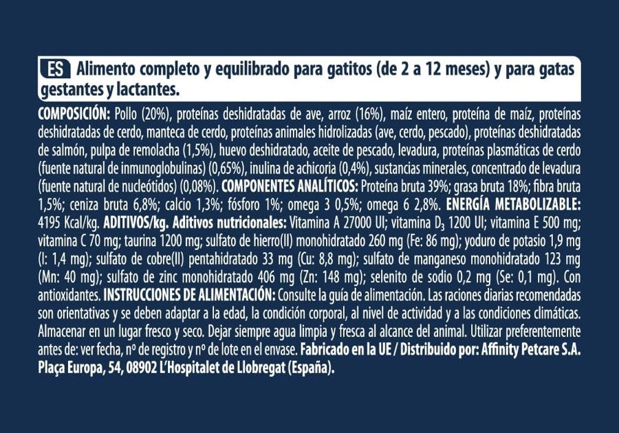 Ver imagen 4 de 5: Etiqueta completa de Advance Kitten con composición, componentes analíticos, aditivos e instrucciones de alimentación