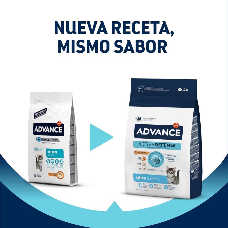 Ver imagen 2 de 6: Comparación entre el envase anterior y el nuevo de Advance Kitten bajo el lema «nueva receta, mismo sabor»