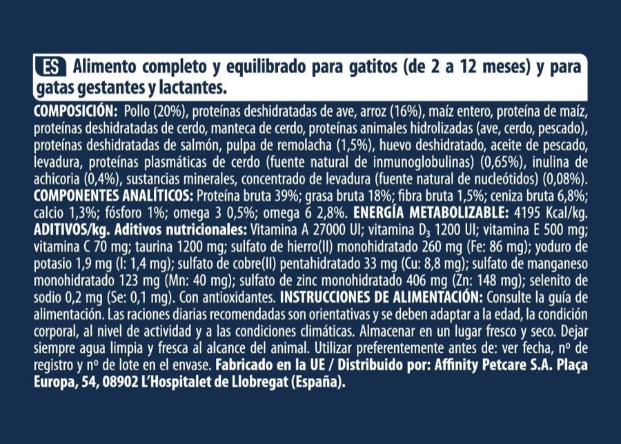 Ver imagen 5 de 6: Etiqueta completa de Advance Kitten con composición, componentes analíticos, aditivos e instrucciones de alimentación