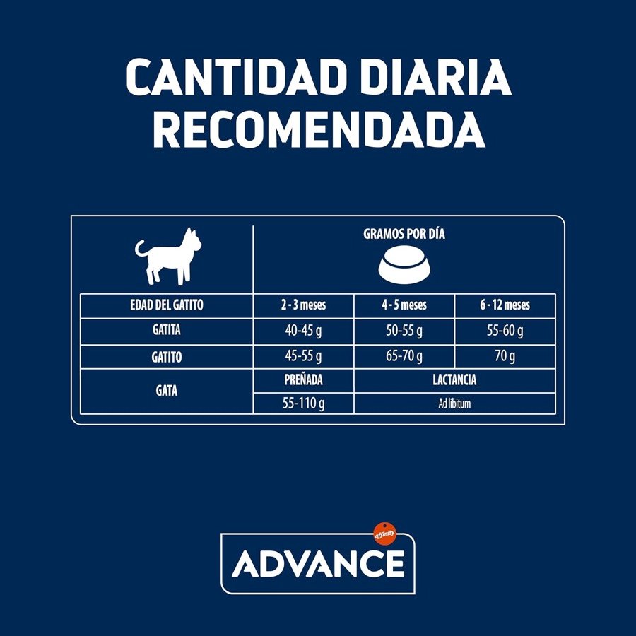 Ver imagen 6 de 6: Tabla de cantidad diaria recomendada de Advance Kitten por edad y sexo del gatito, y para gatas preñadas y lactantes