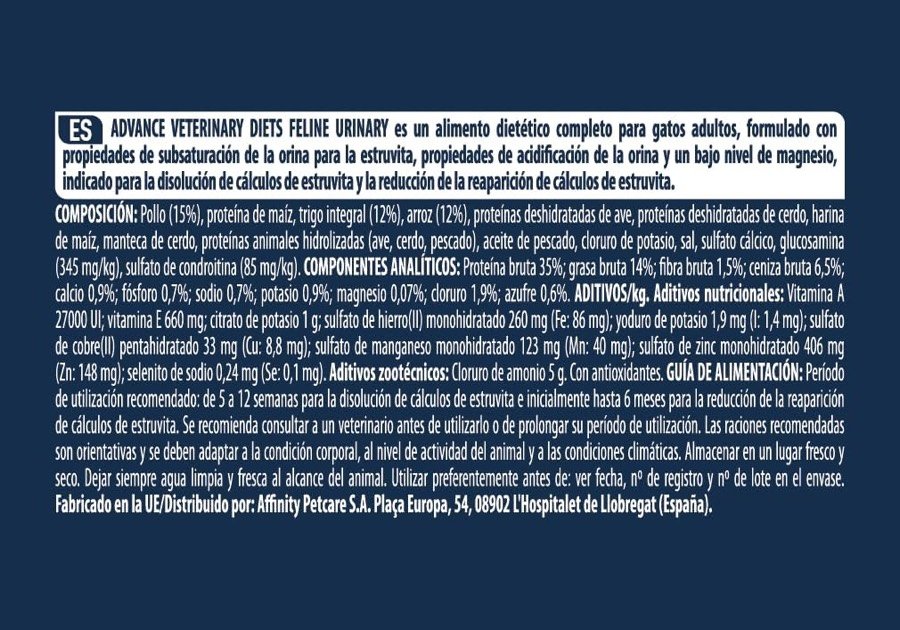 Ver imagen 5 de 6: Etiqueta completa de Advance Veterinary Diets Feline Urinary con composición, componentes analíticos y guía de alimentación