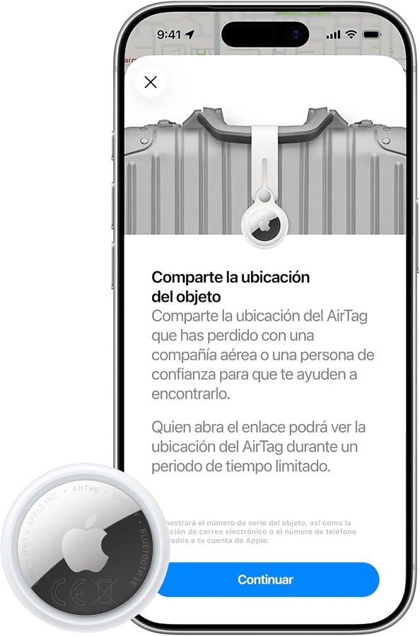 Ver imagen 6 de 6: iPhone mostrando la pantalla para compartir temporalmente la ubicación de un AirTag colgado de una maleta