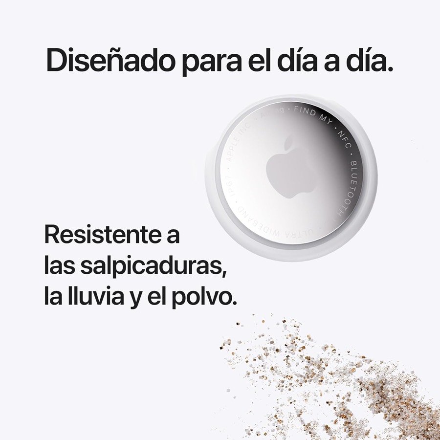 Ver imagen 2 de 6: Gráfico de Apple sobre el diseño para el día a día del AirTag, resistente a salpicaduras, lluvia y polvo