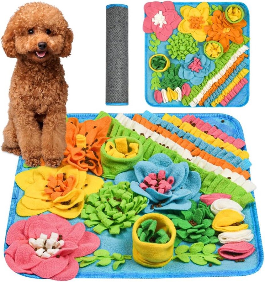 Caniche marrón sentado junto a la alfombra olfativa OSDUE de flores y hojas de colores, enrollada y extendida