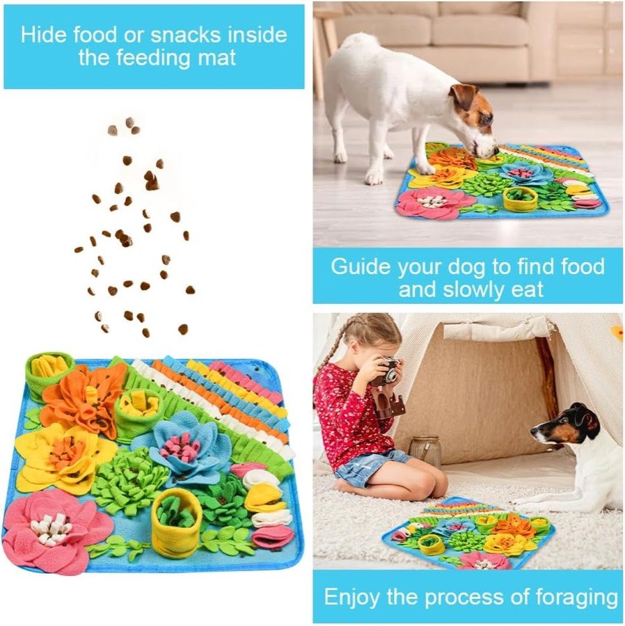 Ver imagen 4 de 6: Pienso cayendo sobre la alfombra y perros buscando la comida escondida entre las flores