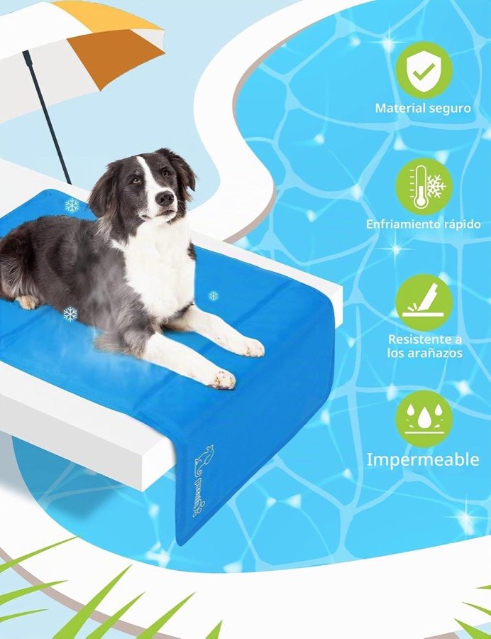 Ver imagen 2 de 6: Montaje del fabricante con un border collie sobre la alfombrilla Pecute y sus cuatro reclamos: material seguro, enfriamiento rápido, resistencia a arañazos e impermeabilidad