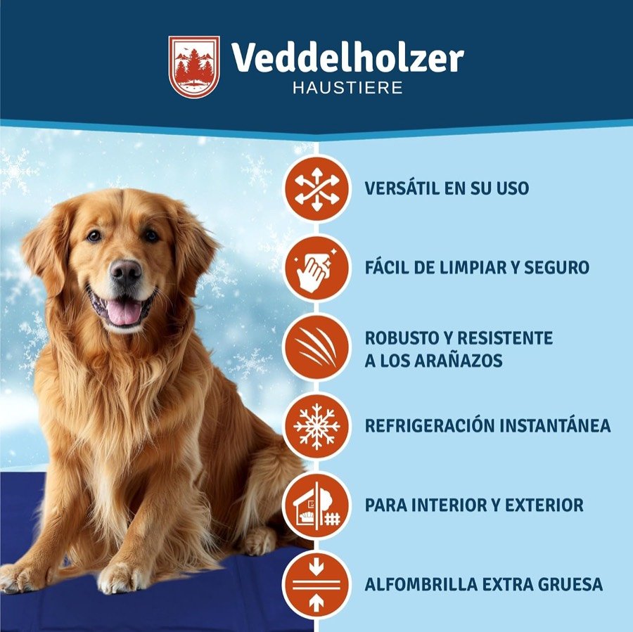 Ver imagen 2 de 6: Golden retriever junto a la lista de ventajas de la alfombrilla Veddelholzer: versátil, fácil de limpiar, resistente a los arañazos y extragruesa