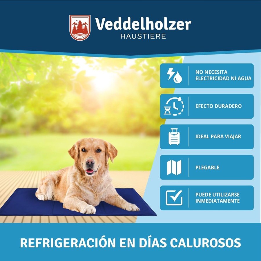 Ver imagen 6 de 6: Golden retriever tumbado en la alfombrilla Veddelholzer al sol, con los iconos de sin electricidad ni agua, plegable e ideal para viajar