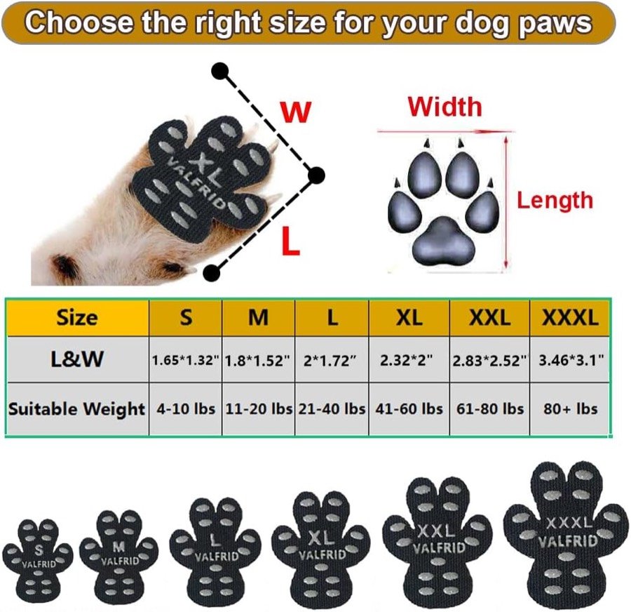Ver imagen 2 de 6: Tabla de tallas de las almohadillas VALFRID de S a XXXL con la medida y el peso de perro recomendado, y esquema de cómo medir el largo y el ancho de la pata