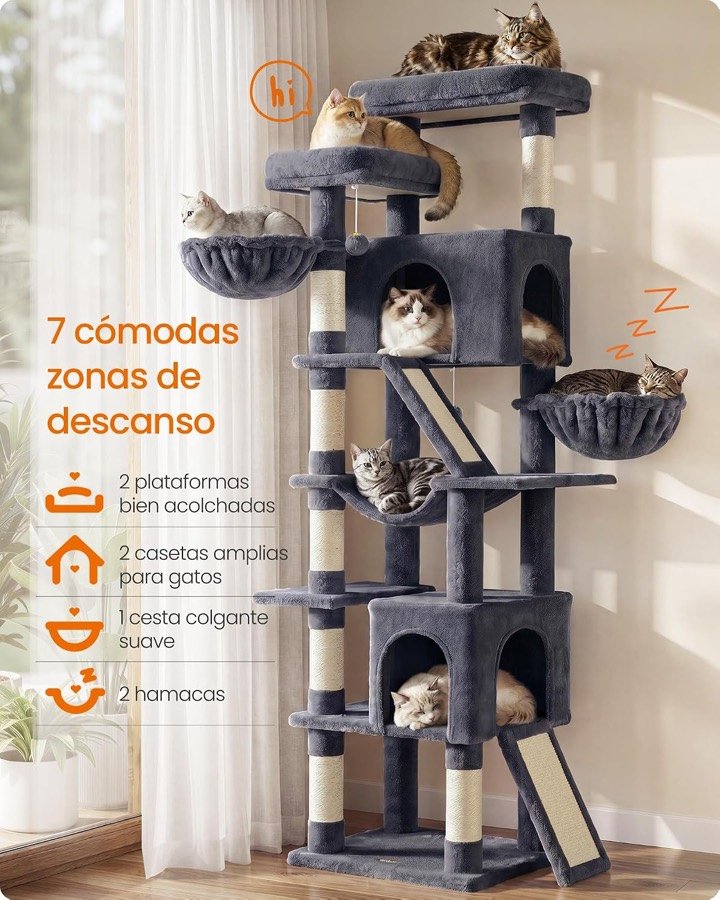 Ver imagen 3 de 6: Árbol Feandrea con los rótulos de sus siete zonas de descanso: dos plataformas, dos casetas, una cesta colgante y dos hamacas