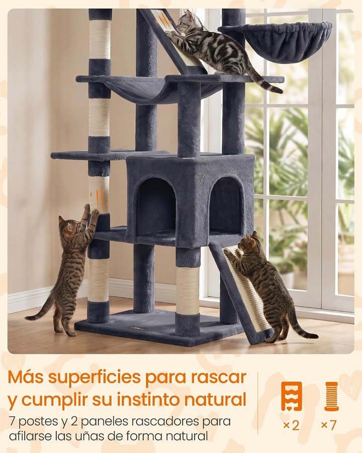 Ver imagen 4 de 6: Gatos rascando los postes y la tabla del árbol Feandrea, con el rótulo de 7 postes y 2 paneles rascadores