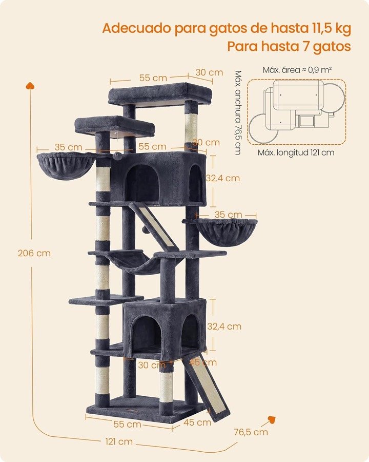 Ver imagen 6 de 6: Esquema de medidas del árbol Feandrea: 206 cm de alto, 121 × 76,5 cm de superficie máxima y gatos de hasta 11,5 kg
