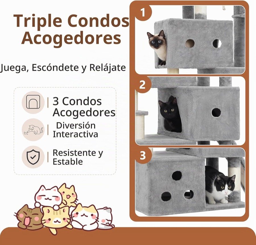 Ver imagen 2 de 6: Las tres cuevas del árbol Heybly, cada una con un gato dentro, y los rótulos de diversión y estabilidad