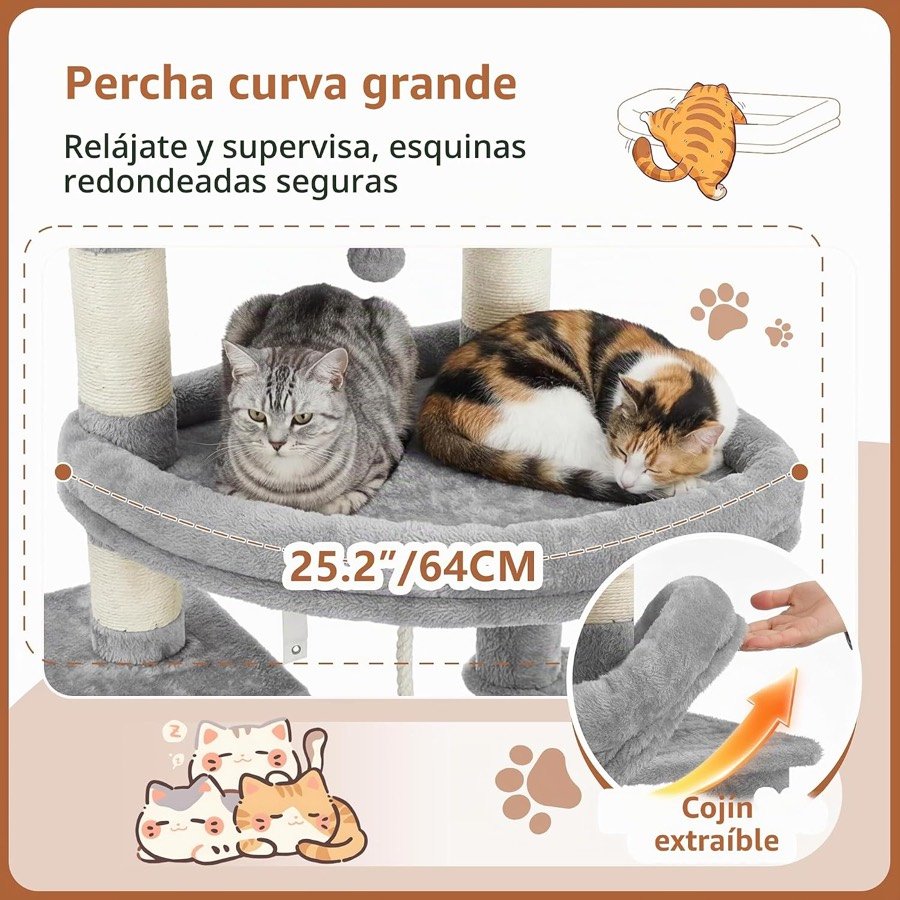 Ver imagen 3 de 6: Dos gatos dormidos en la plataforma curva de 64 cm del árbol Heybly con el cojín extraíble