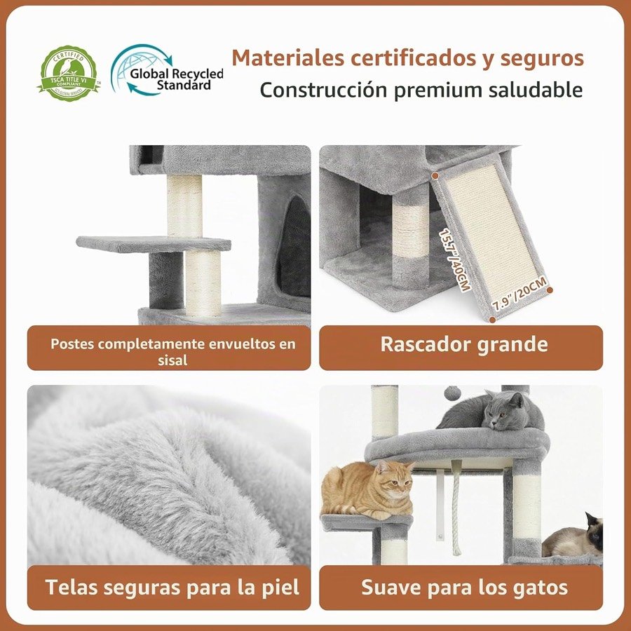 Ver imagen 6 de 6: Detalles del árbol Heybly: postes de sisal, tabla rascadora grande, tela de felpa y bola colgante
