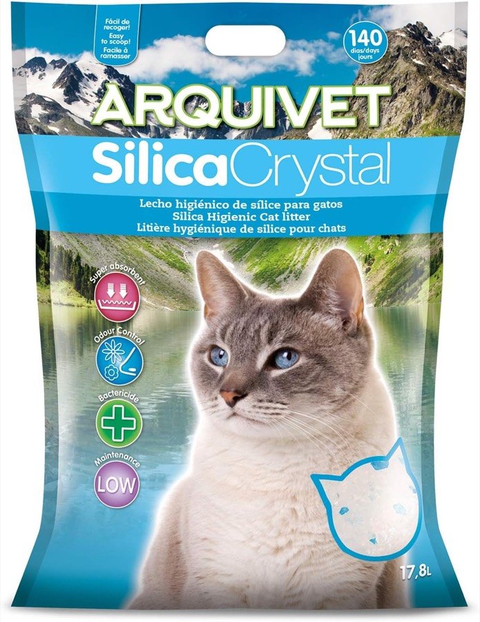 Bolsa de 17,8 litros de arena Arquivet Silica Crystal con un gato siamés y el sello de 140 días