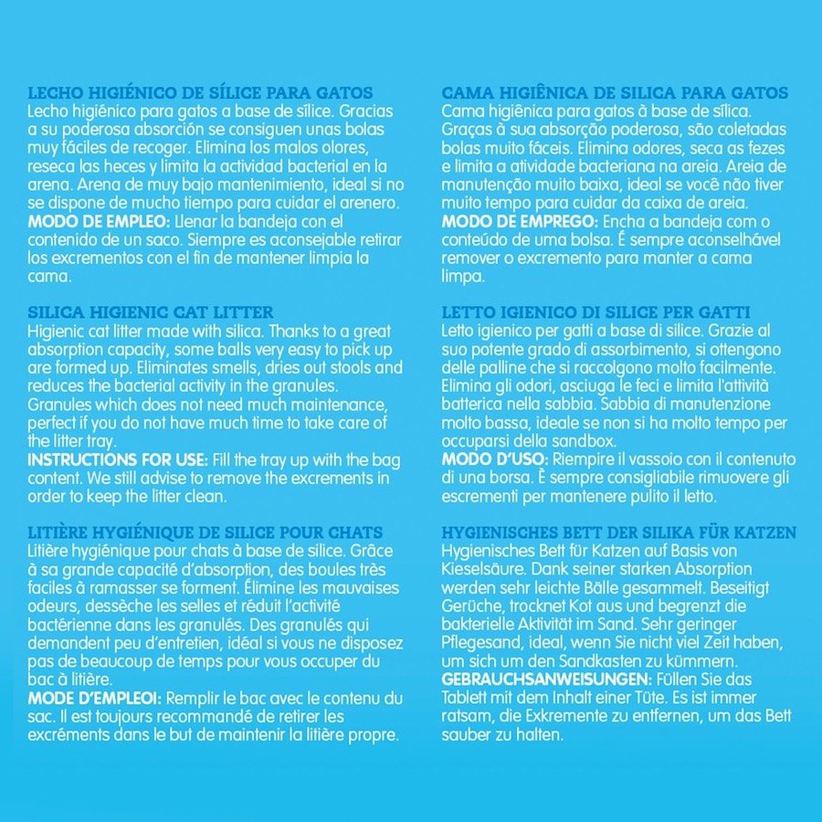 Ver imagen 3 de 6: Texto del envase Arquivet en varios idiomas con las instrucciones de uso de la arena de sílice