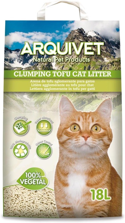 Bolsa de 18 L de arena Arquivet Clumping Tofu Cat Litter con un gato atigrado naranja y el sello 100 % vegetal