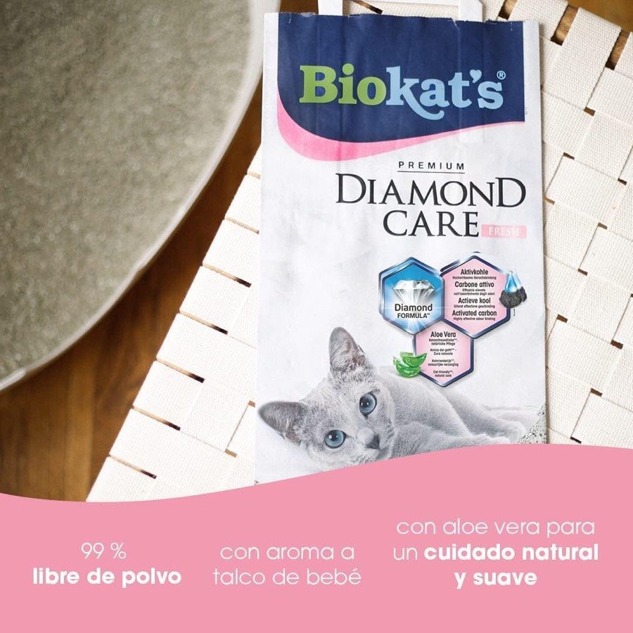 Ver imagen 6 de 6: Saco Biokat's Diamond Care con los rótulos 99 % libre de polvo, aroma a talco de bebé y aloe vera