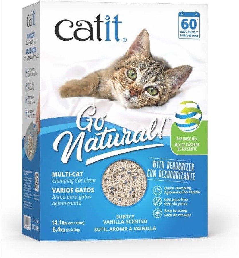 Caja de 6,4 kg de arena Catit Go Natural Multi-Cat con un gato en el frontal y el sello de 60 días