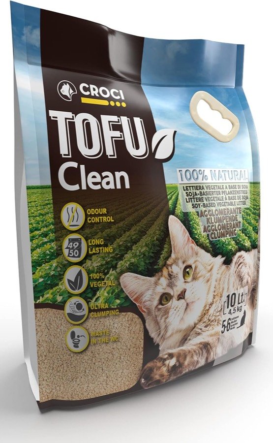 Bolsa de 10 litros de arena Croci Tofu Clean con un gato y un campo de soja en el envase