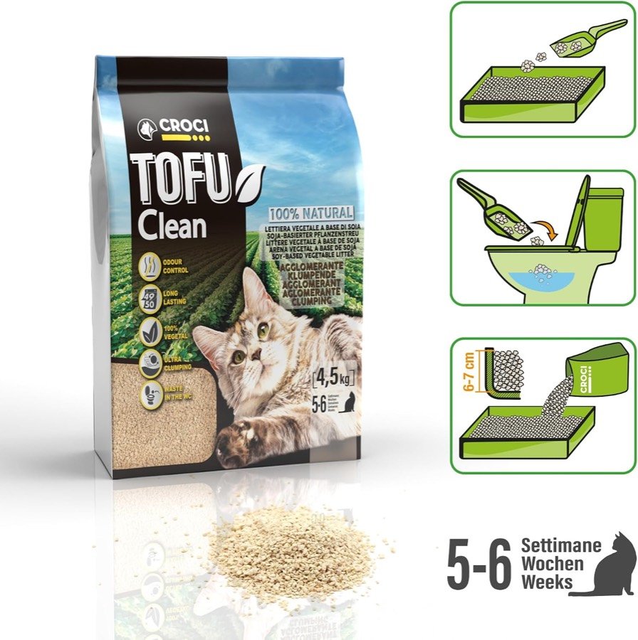 Ver imagen 3 de 6: Bolsa Croci Tofu Clean de 4,5 kg con pictogramas de uso: 6-7 cm de capa, recoger con la pala y tirar al inodoro, y el rótulo de 5-6 semanas