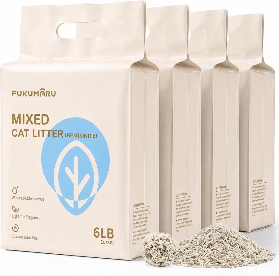 Cuatro bolsas FUKUMARU Mixed Cat Litter de 2,7 kg con gránulos de arena delante
