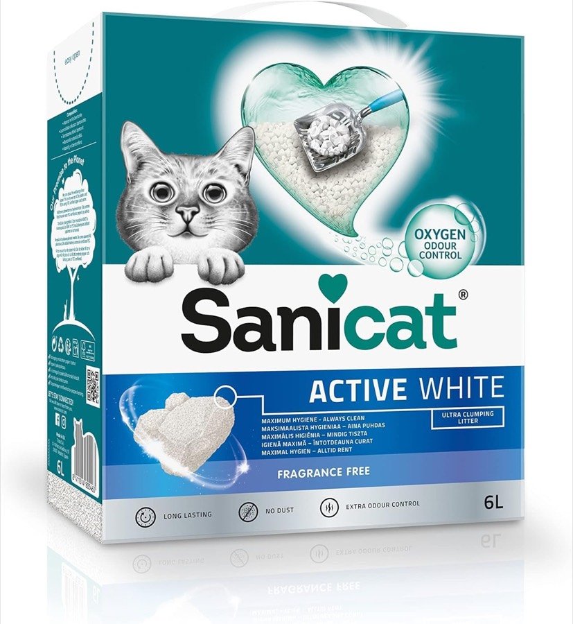 Caja de 6 litros de arena Sanicat Active White sin perfume con un gato dibujado y el sello Oxygen Odour Control