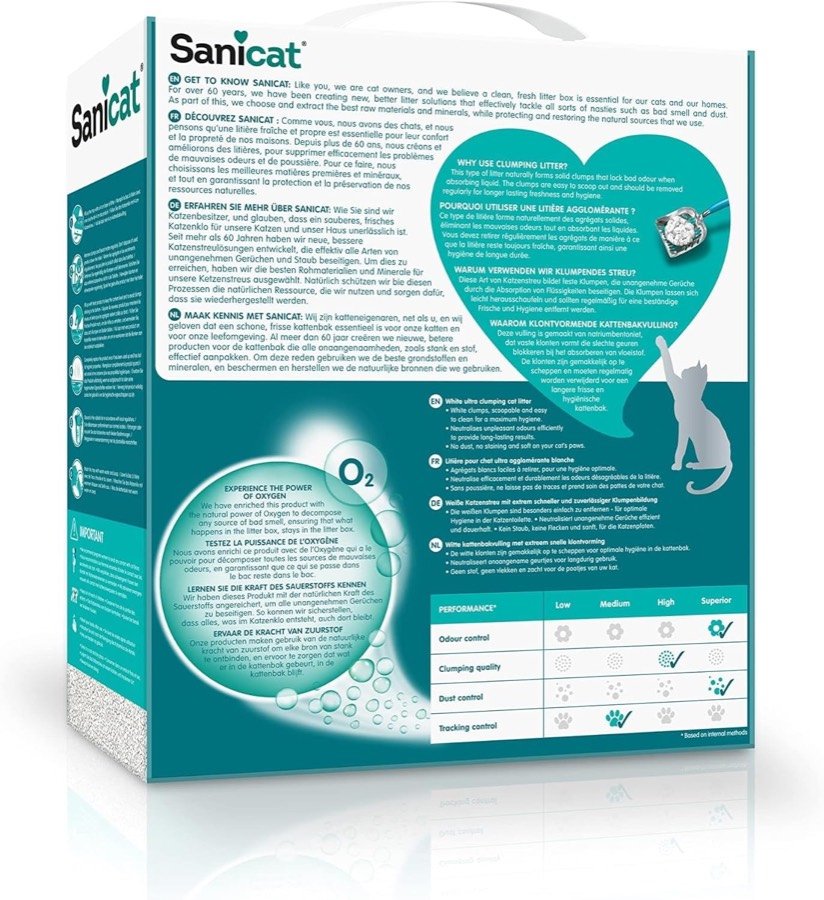 Ver imagen 2 de 6: Reverso de la caja Sanicat con la explicación del oxígeno activo y una tabla de rendimiento