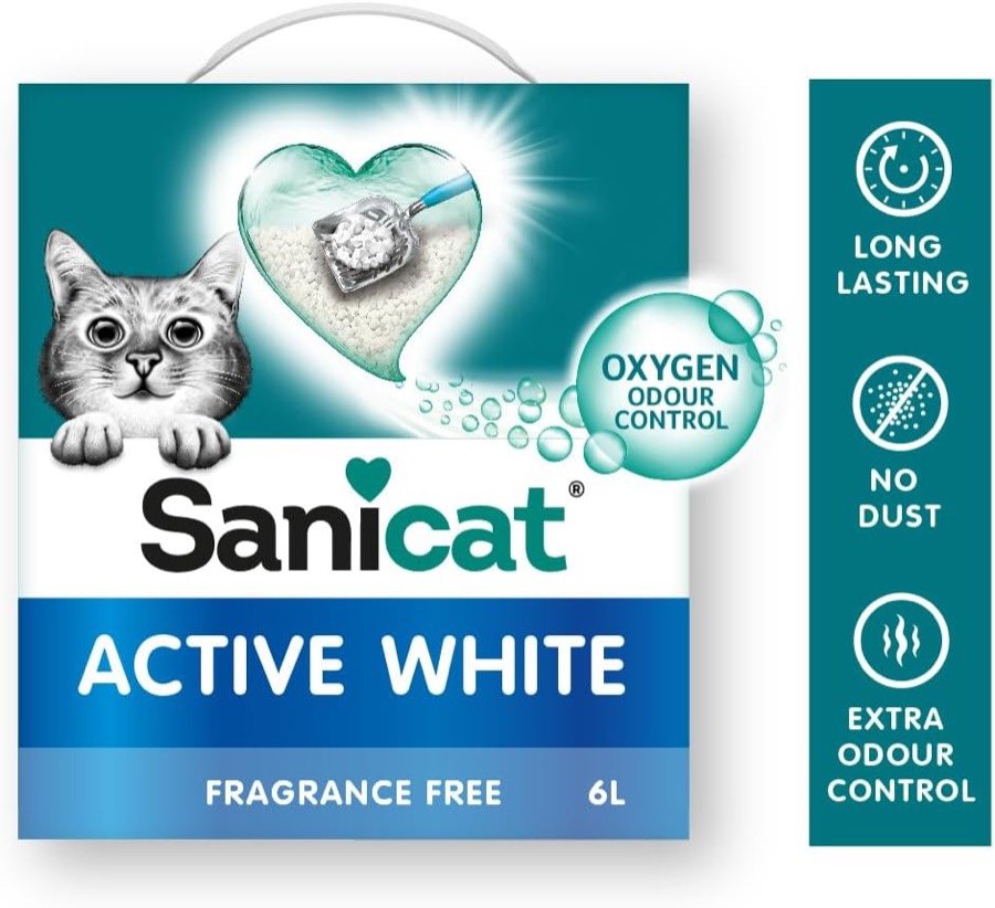Ver imagen 3 de 6: Caja Sanicat Active White con los iconos de larga duración, sin polvo y control extra de olores