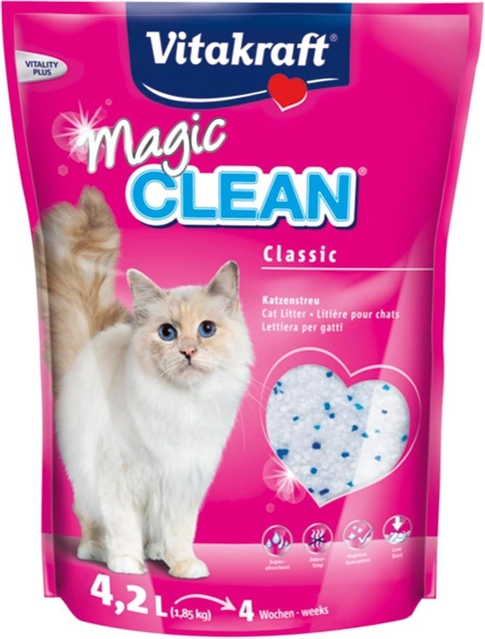 Bolsa rosa de 4,2 L de Vitakraft Magic Clean Classic con un gato blanco y el sello de 4 semanas