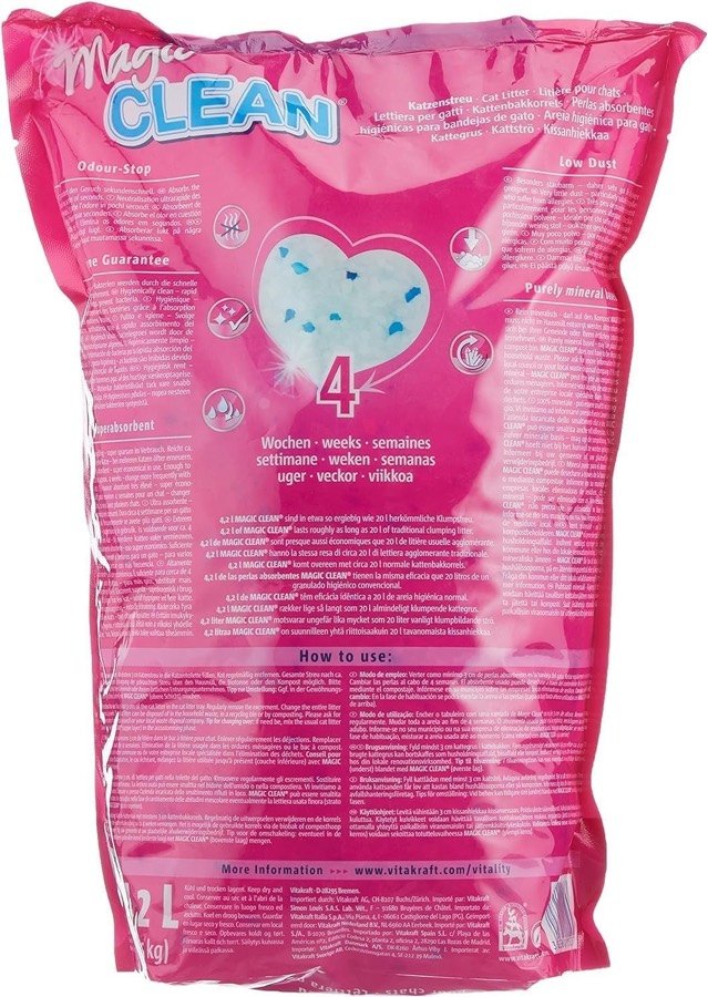 Ver imagen 2 de 5: Reverso de la bolsa Vitakraft Magic Clean con un corazón de cristales y el rótulo de 4 semanas