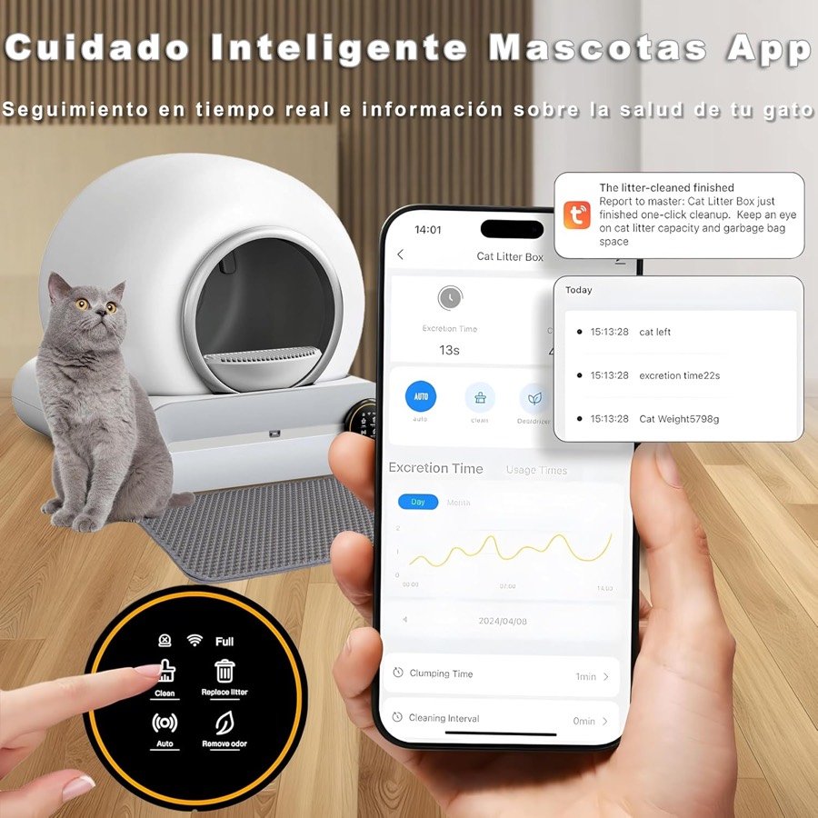 Ver imagen 5 de 6: Gato junto al arenero XQDKoon y la aplicación con el registro de visitas y el peso del gato