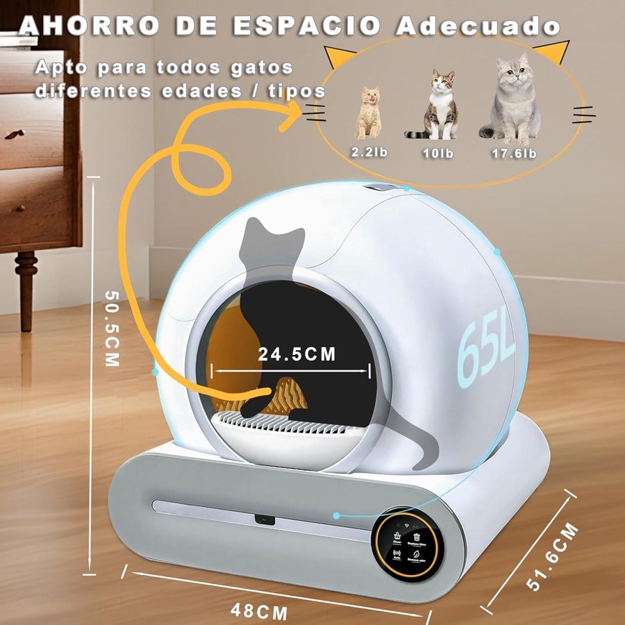 Ver imagen 6 de 6: Medidas del arenero XQDKoon: 48 × 51,6 × 50,5 cm, tambor de 65 litros y entrada de 24,5 cm