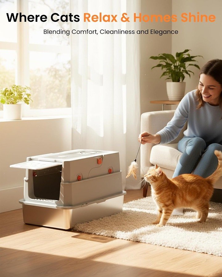 Ver imagen 6 de 6: Mujer jugando con un gato junto al arenero ICOYEA en un salón