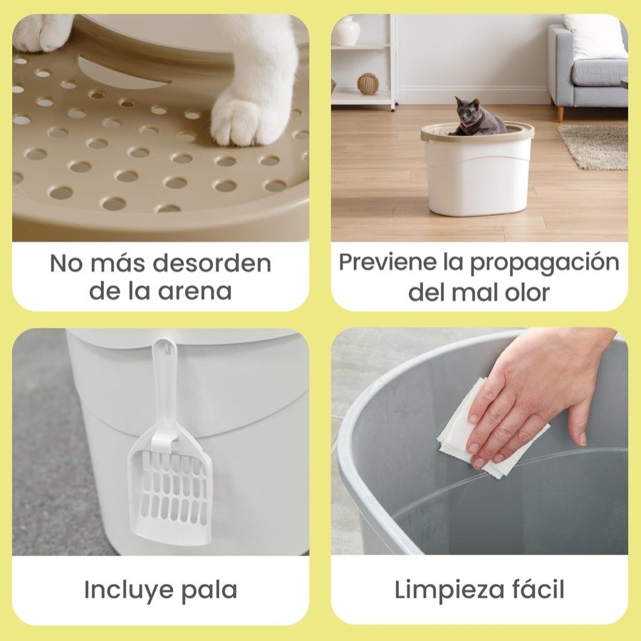 Ver imagen 2 de 5: Cuatro detalles del arenero Iris Ohyama: tapa perforada que retiene la arena, interior cerrado, pala incluida y limpieza con un paño