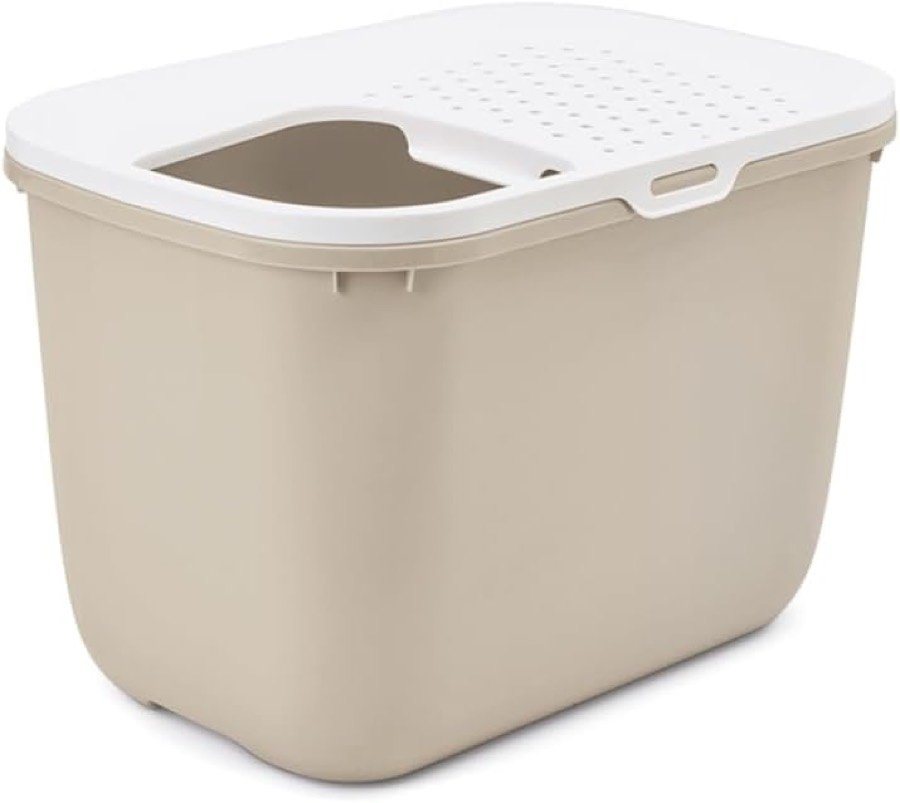 Arenero Savic Hop In beige con la tapa blanca perforada y la abertura de entrada arriba