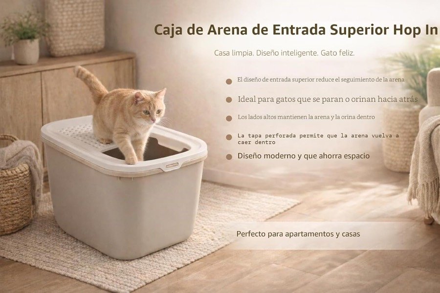 Ver imagen 2 de 6: Gato naranja entrando por arriba en un Hop In beige en un salón, con las ventajas de la entrada superior rotuladas
