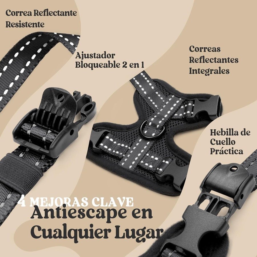 Ver imagen 3 de 6: Detalle del arnés rabbitgoo negro con ribetes reflectantes, ajustadores bloqueables y la hebilla que abre el cuello