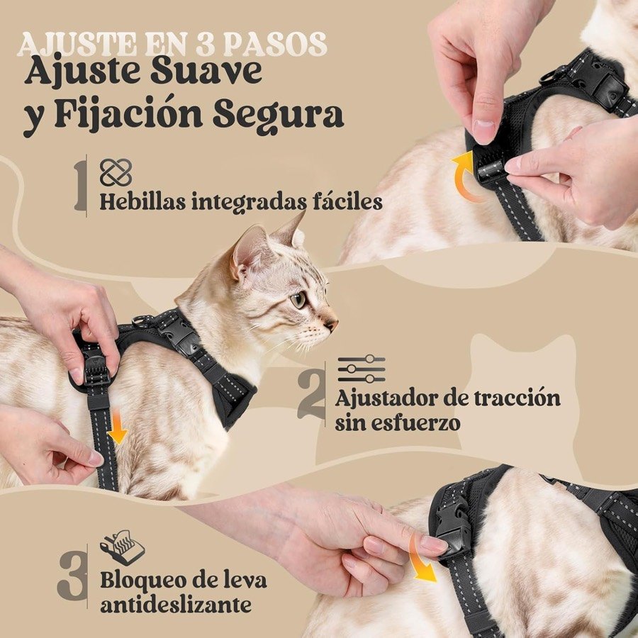 Ver imagen 5 de 6: Los tres pasos de ajuste del arnés: hebillas integradas, ajustador de tracción y bloqueo de leva antideslizante