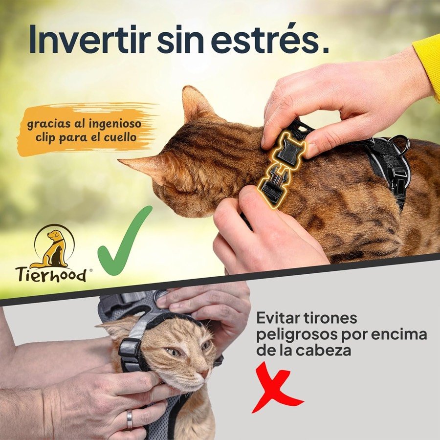 Ver imagen 5 de 6: Manos abrochando el clip del cuello del arnés Tierhood frente a la imagen tachada de pasarlo por encima de la cabeza