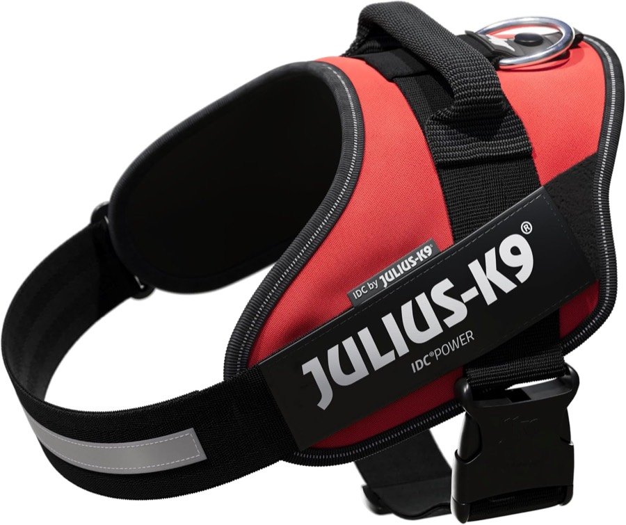 Ver imagen 4 de 6: El mismo modelo de arnés Julius-K9 en rojo, para comparar el acabado liso con el estampado