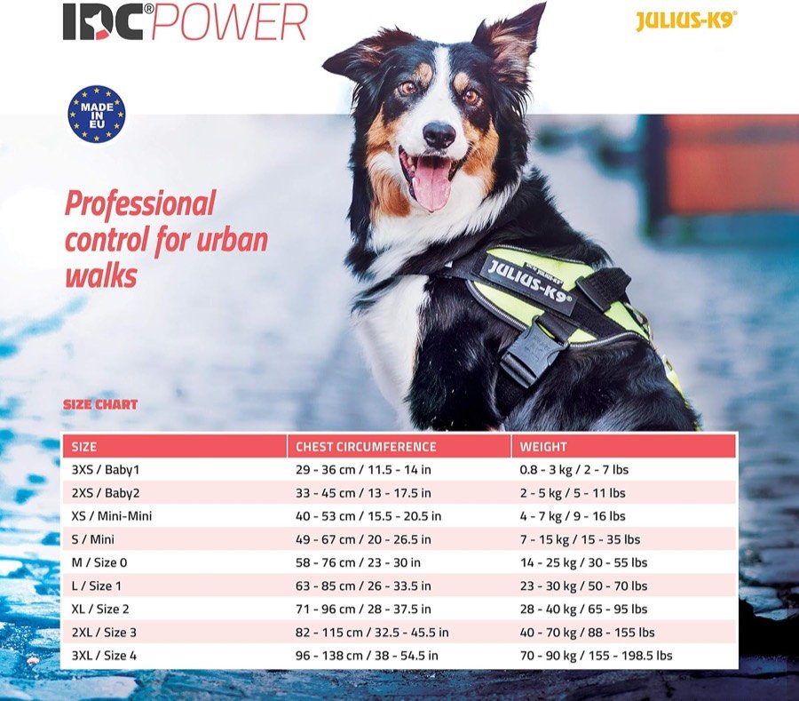 Ver imagen 5 de 6: Tabla de tallas oficial del IDC Power con la circunferencia de pecho y el peso de perro de cada talla, de 3XS a 3XL