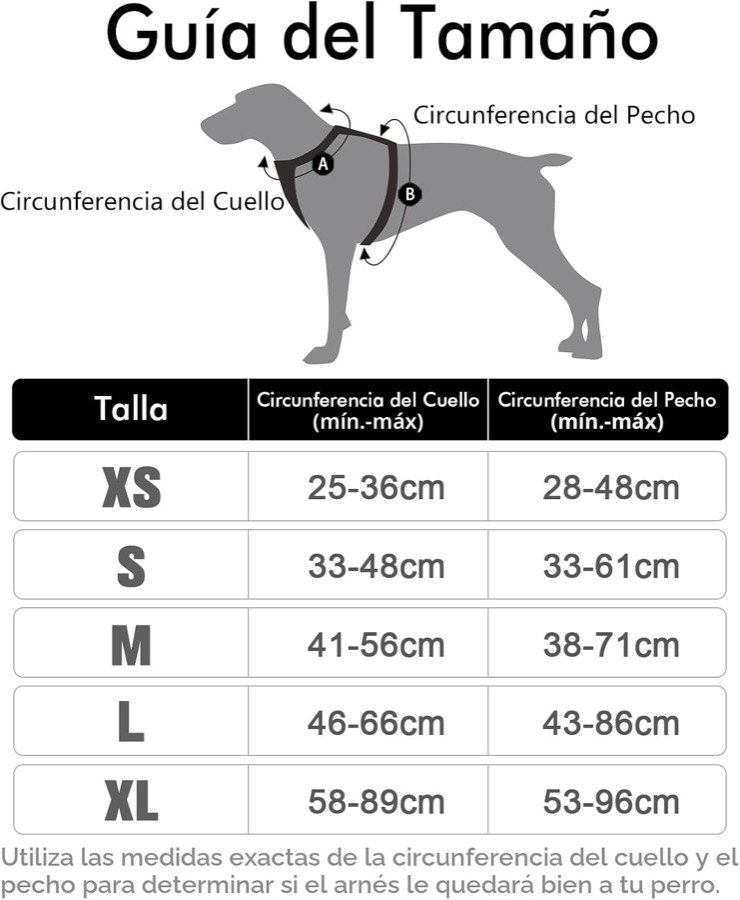 Ver imagen 2 de 5: Guía de tallas del arnés rabbitgoo con las circunferencias de cuello y pecho de las tallas XS a XL