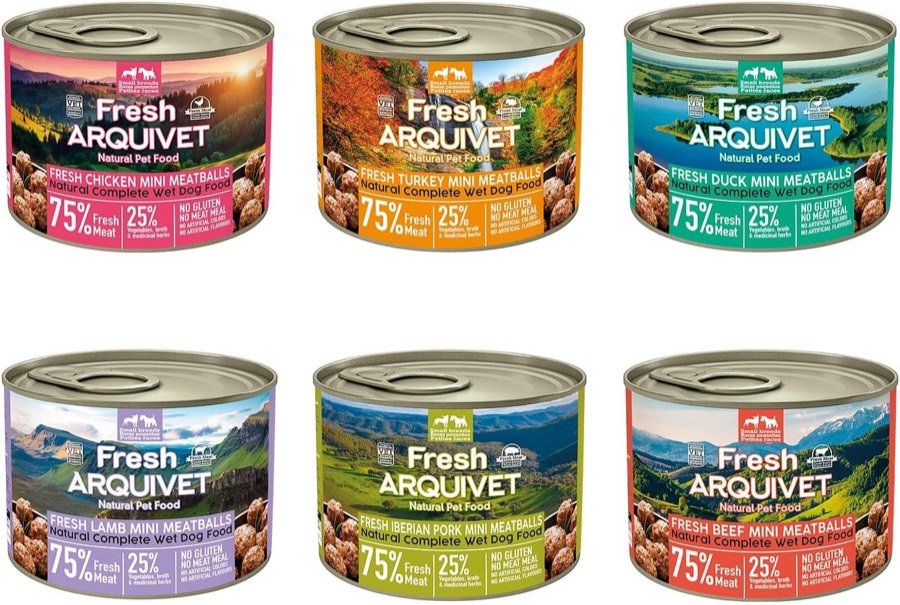 Las seis latas de 200 g del pack variado de Arquivet Fresh Mini Meatballs