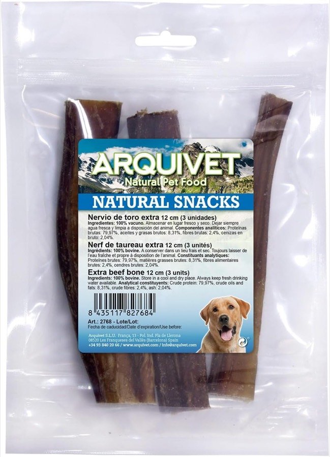 Bolsa de tres nervios de toro de 12 cm de Arquivet con su etiqueta de snacks naturales
