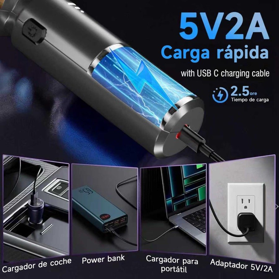 Ver imagen 3 de 6: Carga del DiliDala por USB-C a 5V 2A en 2,5 horas desde cargador de coche, batería externa, portátil o adaptador