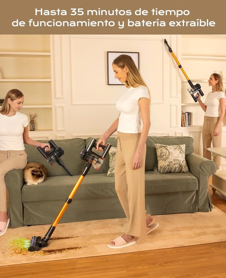 Ver imagen 3 de 6: Mujer aspirando el sofá y el suelo con la VACTechPro, con hasta 35 minutos de autonomía y batería extraíble